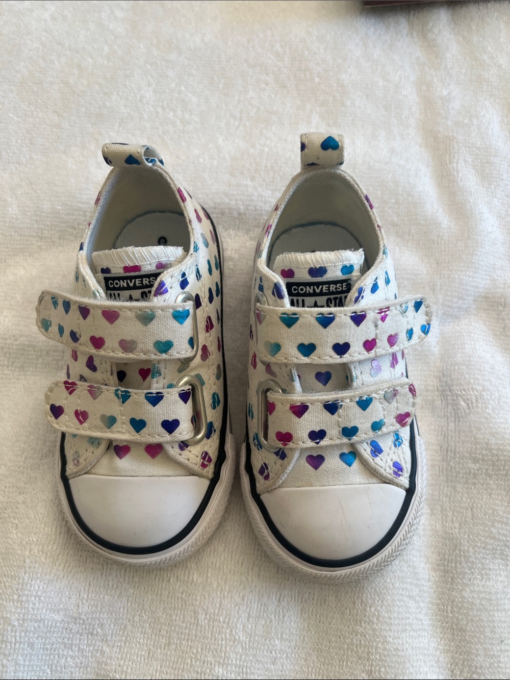 Converse Kids White Sneakers with Blue, Purple & Pink Hearts - Worn Once !